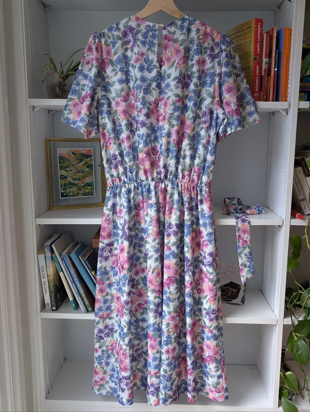 Vintage Floral Midi Dress in Pink, Purple & Blue Size Medium Cottagecore 80's - Picture 6 of 9